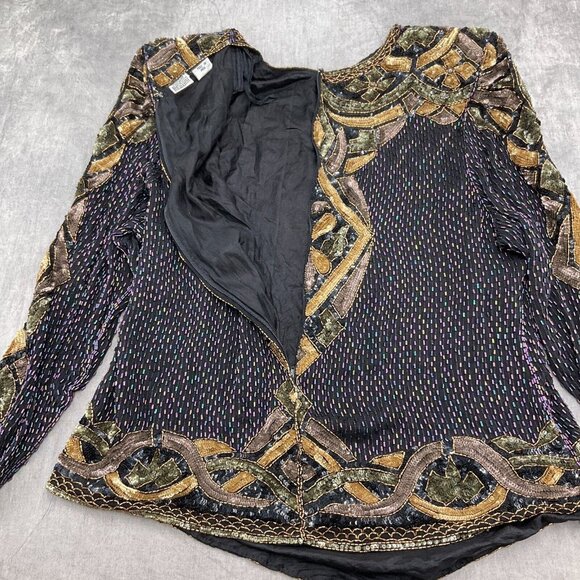 Unbranded Blouse Women Medium Black Gold Multi All Bead Floral Diamond Silk VTG - Picture 11 of 12